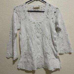 Hibis Women White Eyelet Lace Floral Embroidery Tunic V-Neck 3/4 Sleeve Top